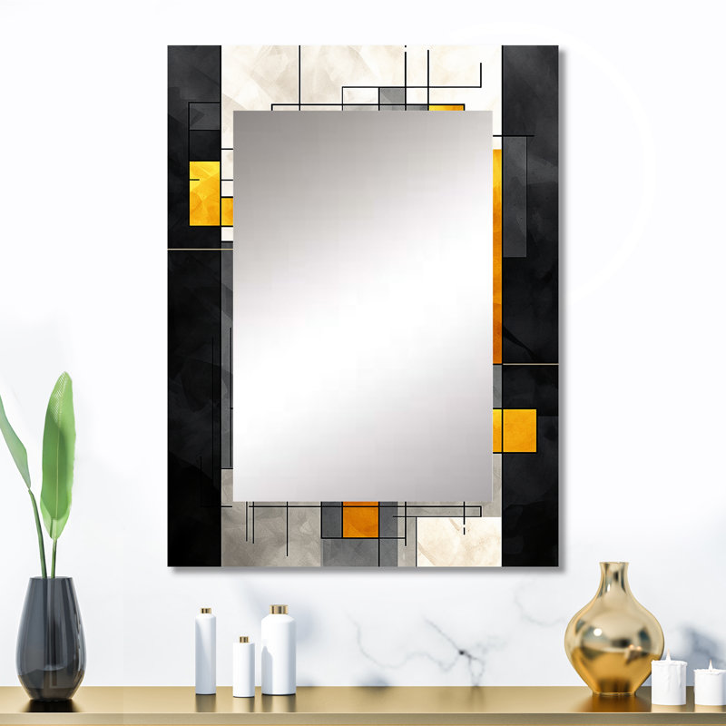 Yellow and Grey geometric fusion 2 - Geometric Mirror, Modern Unique Wall Mirror, Printed Metal Art, 40" x 30"