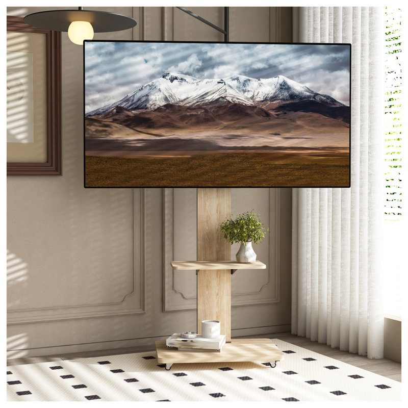 Meuble télé mobile réglable avec support pour téléviseurs de 32 à 75 pouces, chariot de divertissement roulant avec tablettes de rangement, panneau de fibres à densité moyenne naturel et structure en métal, hauteur réglable avec roues verrouillables