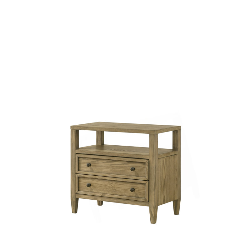 Table de chevet rustique à 2 tiroirs avec tablette ouverte, parfaite pour le rangement et la présentation dans toute chambre à coucher, finition naturelle brun clair / beige.