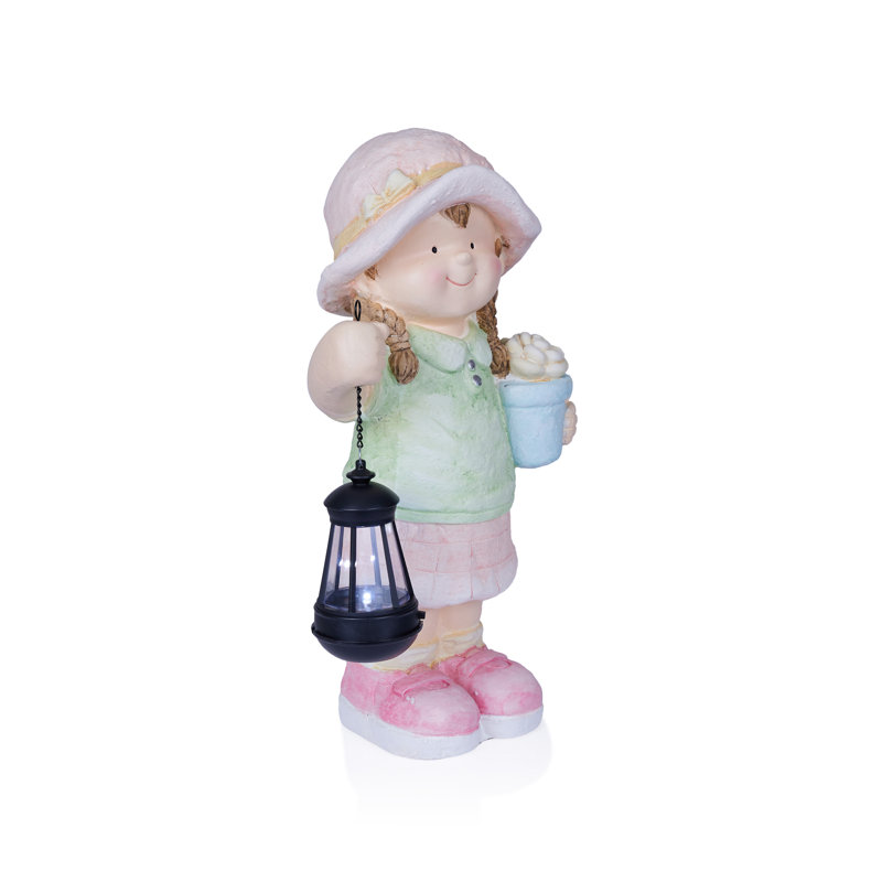 17"H Girl Holding Lantern Solar Statue with LED Lights
