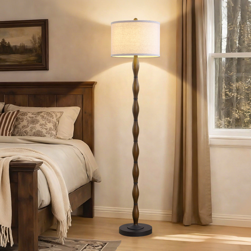 61.5" Walnut Finish Floor Lamp With Sculpted Column And Linen Shade