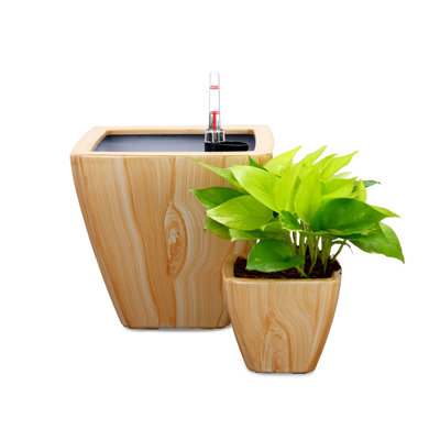 Paquet de 2 pots à fleurs à arrosage automatique - Cône carré en bois clair - Jardinière décorative intérieure résistante aux intempéries avec indicateur de niveau d'eau