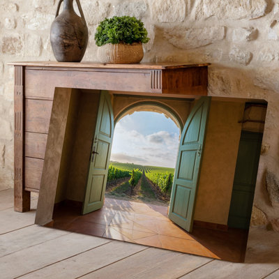 Toile, une porte arquée éclairée par le soleil s'ouvre sur un paysage serein de vignoble encadré par deux portes en bois rustiques peintes dans une toile tendue
