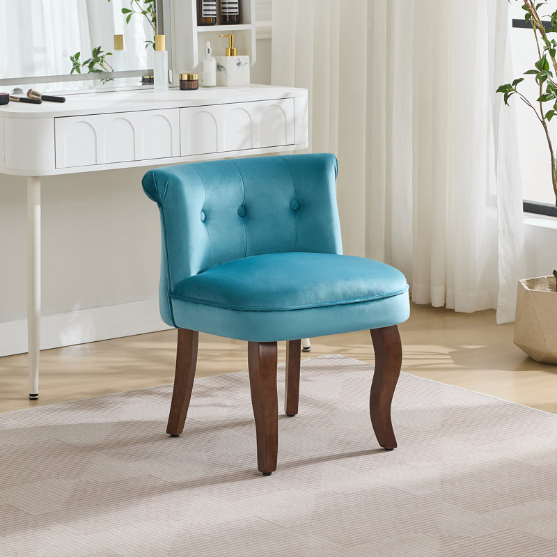 Fauteuil de coiffeuse capitonné en velours avec pieds en bois massif, Sarcelle
