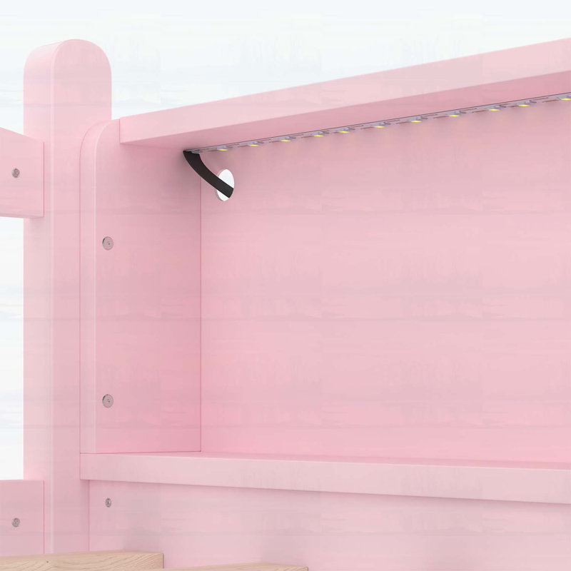 Lit mezzanine simple avec tablettes de rangement, lit mezzanine inférieur en bois massif avec lumières DEL et garde-corps pleine longueur, aucun sommier tapissier requis, rose