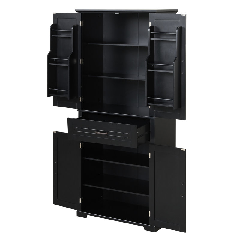 Tall Black Cabinet For Bathroom Storage With Multiple Shelves - Doors, Drawer, Adjustable Shelf, Practical Design