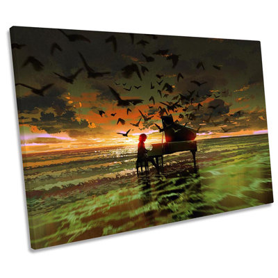 Music Piano Birds Sunset Beach Framed - Wrapped Canvas Print