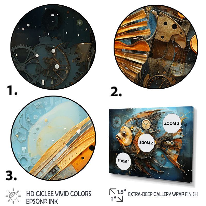 «Yellow Cubist Fish», art mural bleu, Cadre de coin argenté fermé, H 30 po x l 40 po x P 1,5 po