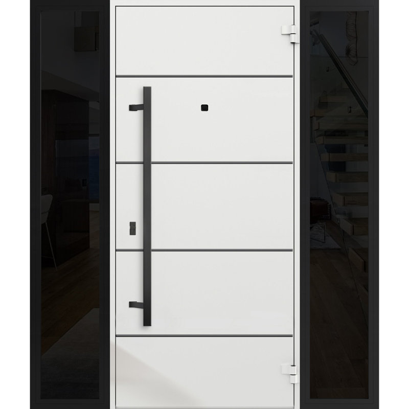 Porte d'entrée extérieure prémontée en acier Deux 6683 Chêne naturel, 2 fenêtres latérales extérieures, imposte/porte d'entrée en métal moderne peinte L12+36+12 x H80 Ouverture à gauche vers l'intérieur