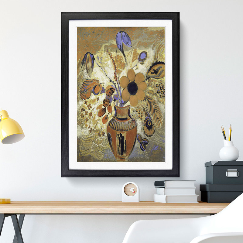 Etruscan Vase with Flowers by Odilon Redon - Picture Frame Painting, 48cm H x 36cm W x 2cm D, Black Framed