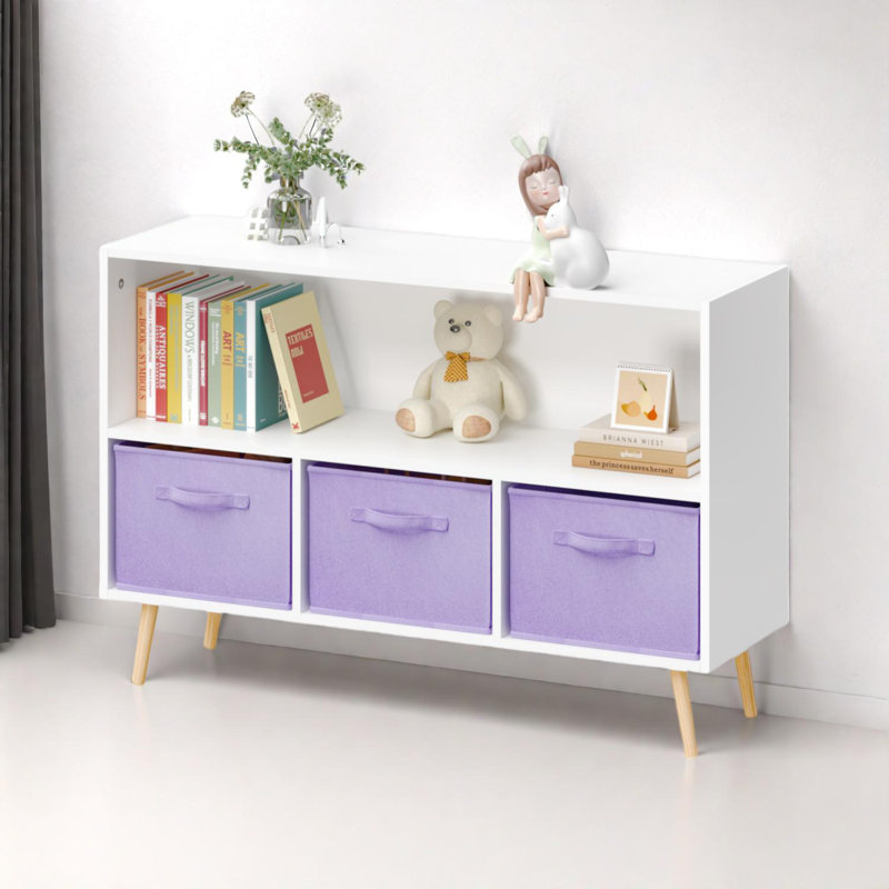 Kids Bookcase with Collapsible Fabric Drawers, Book Display and Toy Storage, White/Purple