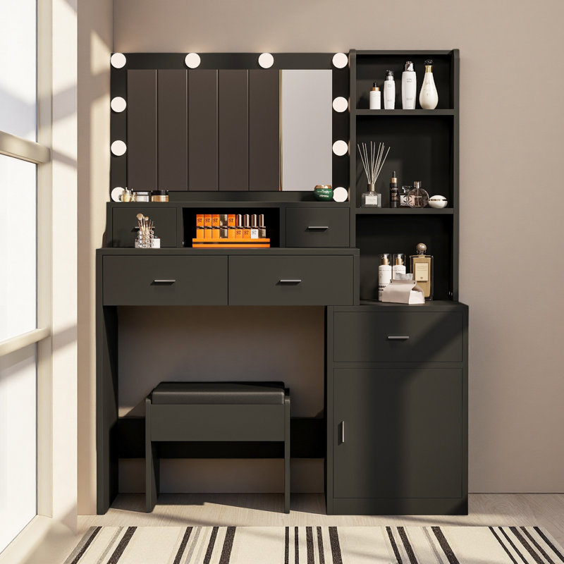 La coiffeuse avec miroir est équipée d'un support pour sèche-cheveux, Noir