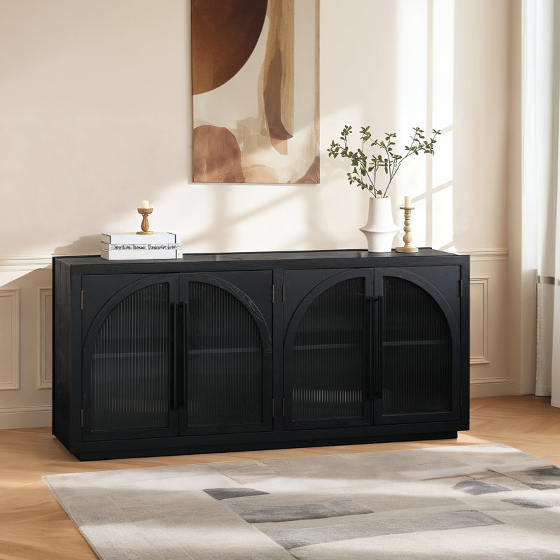 70'' Modern Black Oak Sideboard Cabinet with Adjustable Shelves and 4 Semi-Frosted Glass Doors