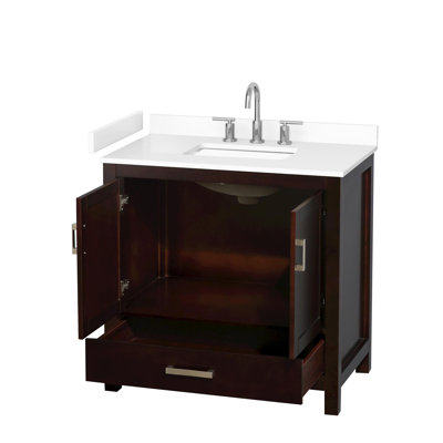 Sheffield 36 Inch Single Bathroom Vanity in Espresso, White Cultured Marble Countertop, Undermount Square Sink (3-Hole), Brushed Chrome Trim