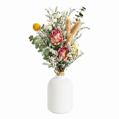 Arrangement de fleurs séchées naturelles conservées 9,8 po avec vase en céramique blanc mat minimaliste