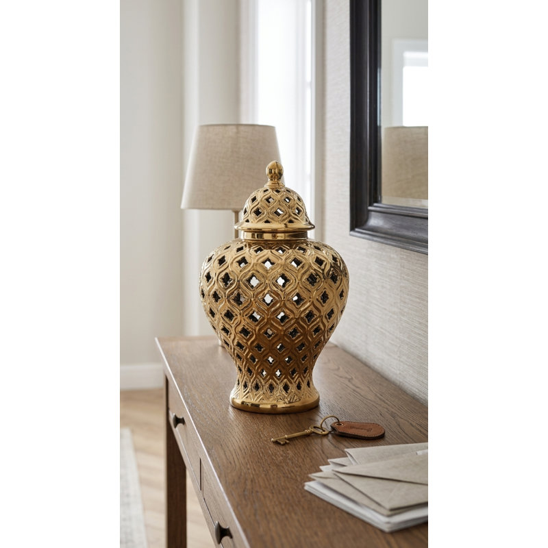 Ava Handmade Ceramic Ginger Jar, 13" H x 8" W x 8" D, Gold