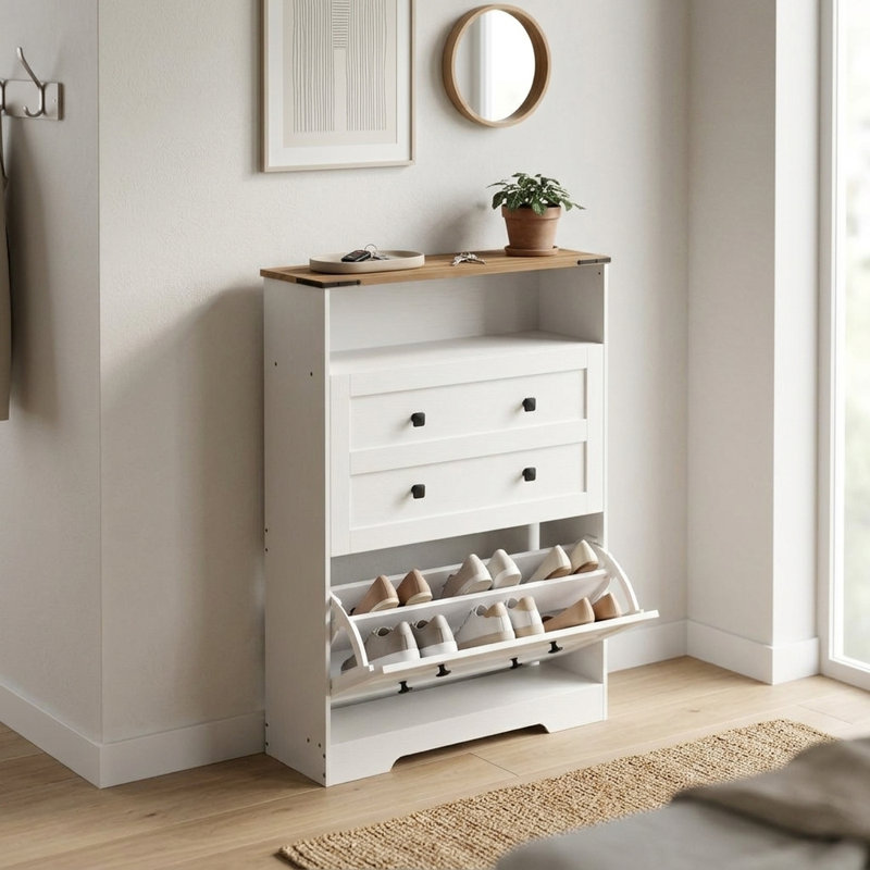 Mince range-chaussures escamotable pour le vestibule, organisateur de chaussures de ferme étroit à 2 tiroirs avec tablettes réglables, blanc et brun