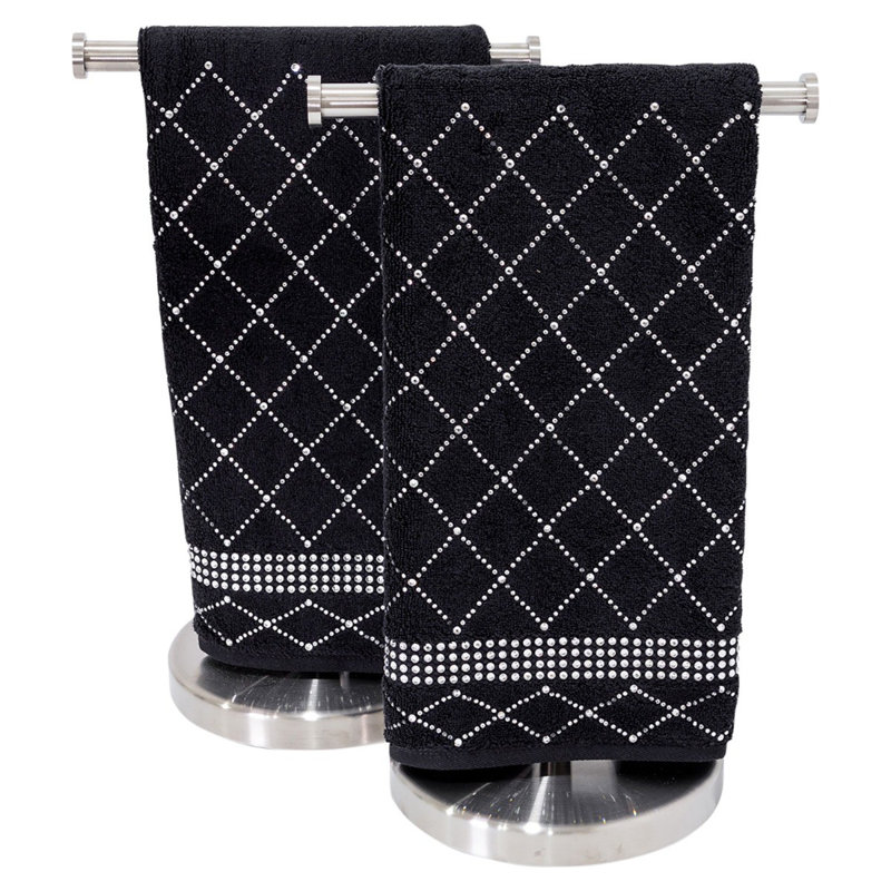 Sparkles Home Atlas Rhinestone Hand Towel Durable Cotton Terry | Glass Rhinestones | Washable, Black