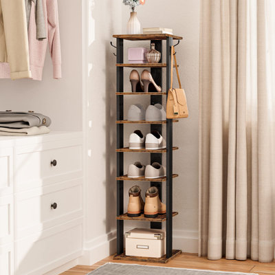 8 Tiers Vertical Shoe Rack, Wooden Shoe Storage Organizer With Hooks, Narrow Shoe Tower For 8 Pairs, Space Saving