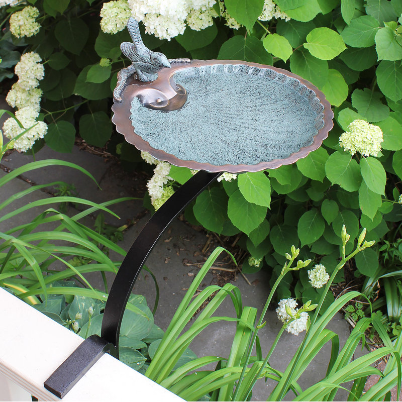 Verdigris Brass Scallop Shell Birdbath with Iron Rail Mount