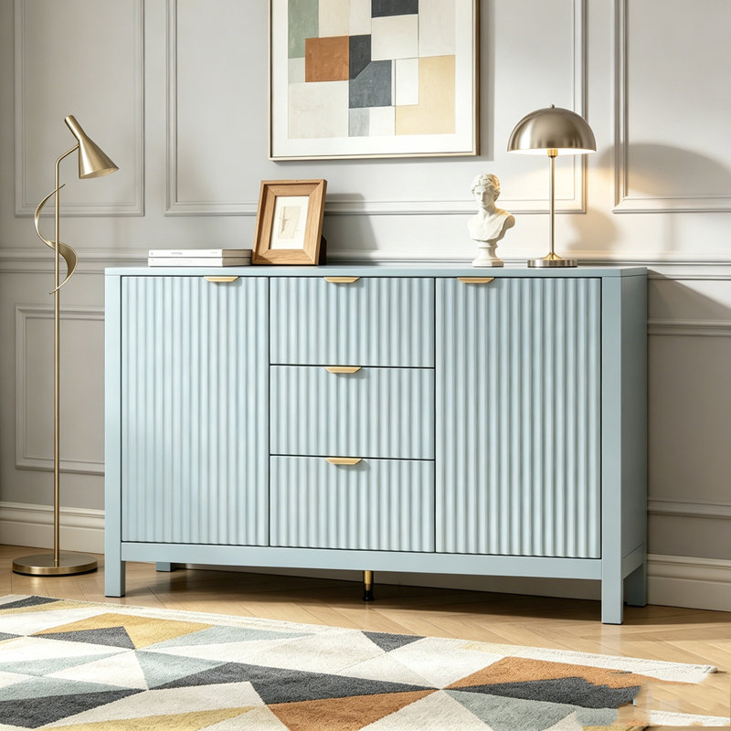 Buffet à motif ondulé - 3 tablettes réglables, 3 tiroirs et portes à fermeture en douceur