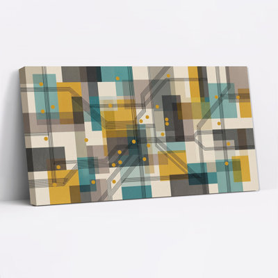 Motif de circuit géométrique sur toile sarcelle et moutarde