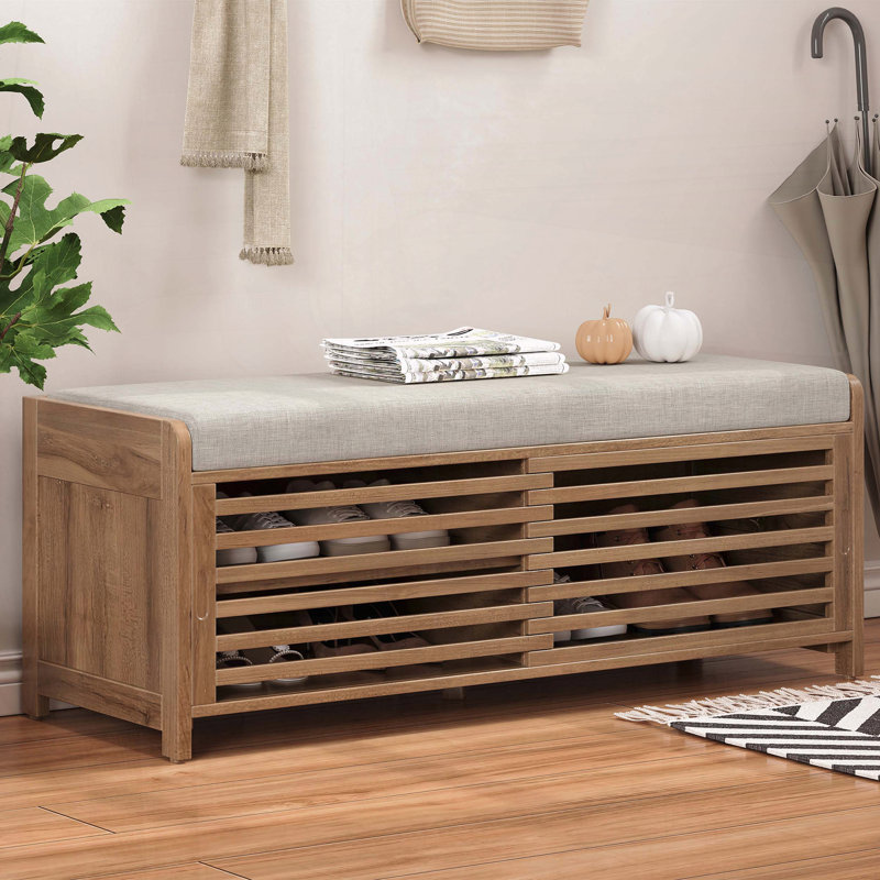 Banc de rangement patiné avec coussin et porte coulissante