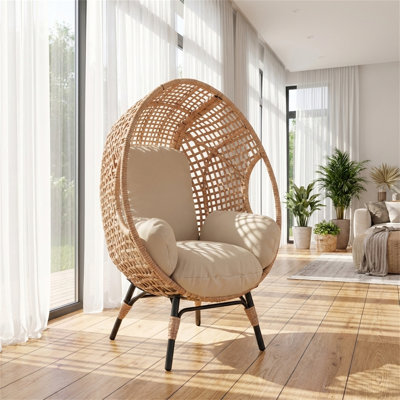 Élégant fauteuil à œufs suspendu à dossier arqué - Balançoire de patio d'une capacité de 400 lb avec coussin épais de 8 pouces, design extérieur / intérieur en rotin pour salon de jardin, balcon et salon