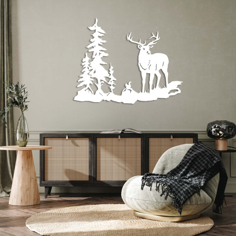 Art mural en métal cerf dans les bois - faune sauvage, décor de nature - silhouette de cerf, conception de scène de bois - chalet rustique suspendu - sculpture industrielle moderne en métal - décoration intérieure aventure en plein air - pièce d'art remarquable