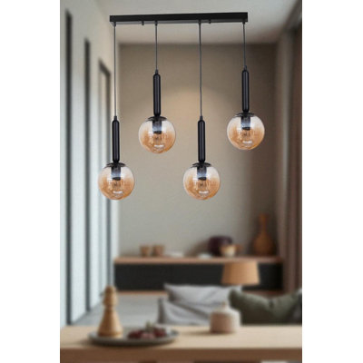 Elegant Metal Chandelier with Glass Cap, Honey & Black Finish, Adjustable Height 31.5 inches | Base Plate 25.6 x 2.4 x 1.2 inches | 4 x E27 Socket (Max 40W) |  for Dining Room & Living Room Décor, Stylish & Functional Lighting