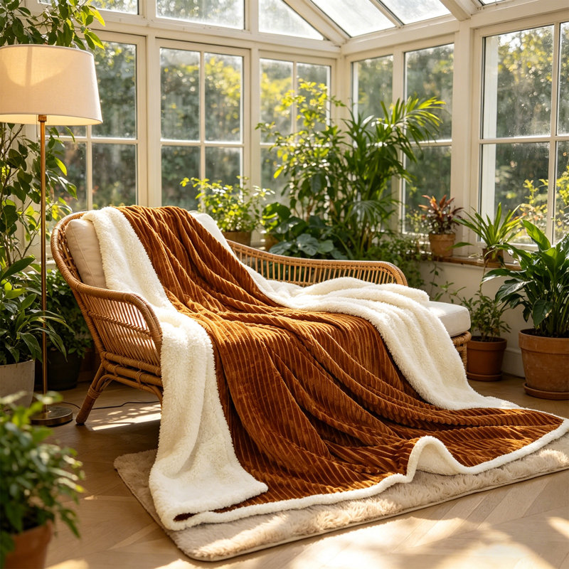 Striped Flannel & Sherpa Large Size Throw Blanket, Soft & Cozy Warm Blanket for Bed, 220 X 240CM, Brown