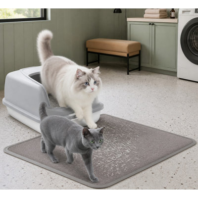 Gray 35.5 x 23.6 in litter mat with waterproof, non-slip construction; soft PVC catches scattered litter while remaining gentle on paws, and the washable surface rinses clean easily over a stable anti-slip base.