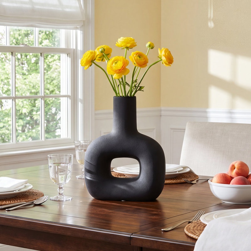 Rachael Modern Geometric Stoneware Dolomite Vase - Minimalist Decorative Accent for Contemporary Home Decor, Black