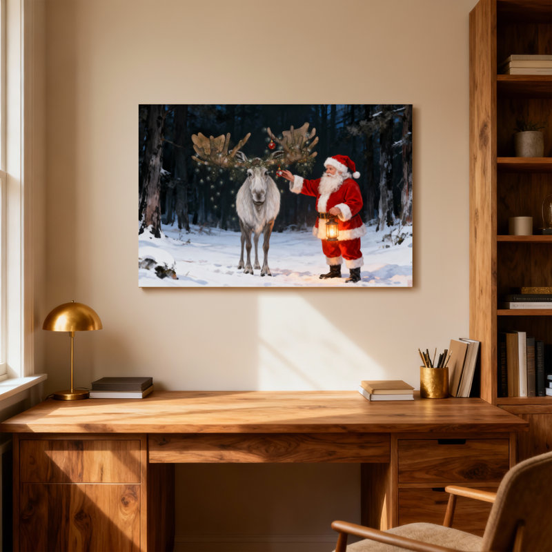 Noël, père Noël et renne dans la forêt enneigée, H 32 po x l 48 po