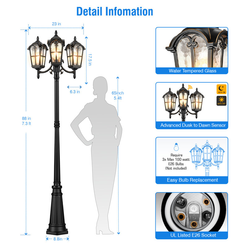 Black 3-Head Outdoor Lamp Post Light Fixture with Dusk to Dawn