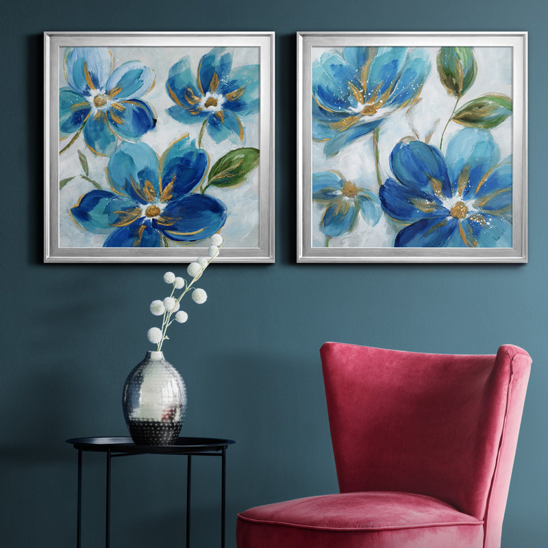 «Flowering Blues I», peinture sur toile 2 pièces, Cadre argenté, H 22,5 po x l 45 po x P 1,5 po