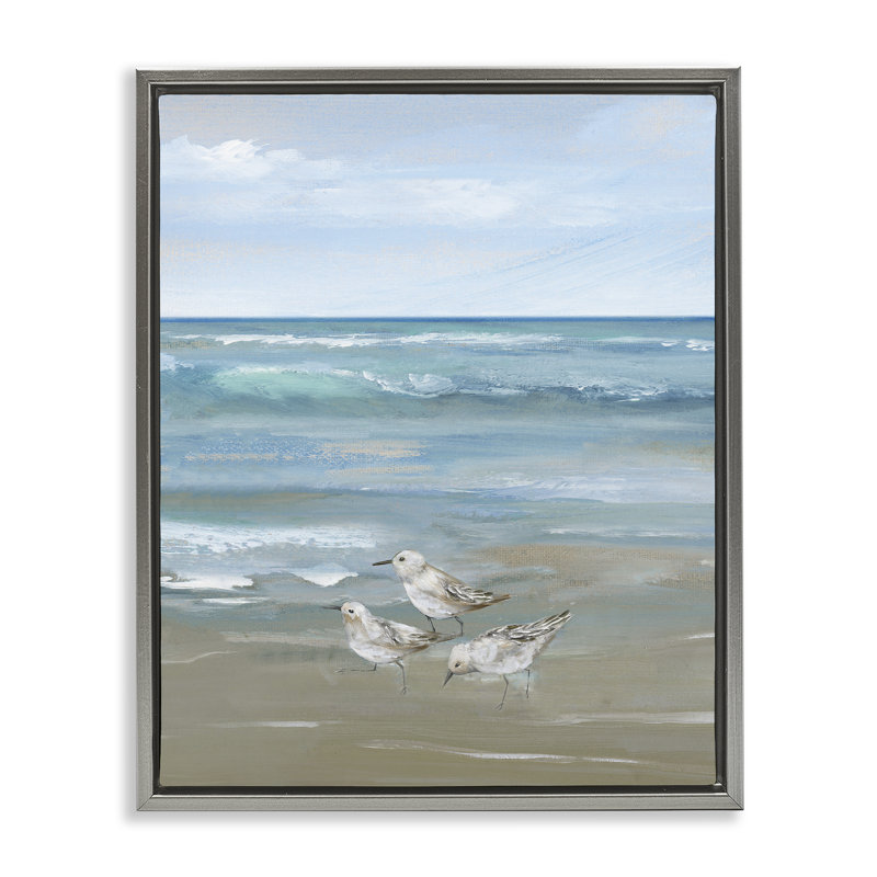 Cadre flottant Sanderlings sur vagues douces, design par Nan, H 21 po x l 17 po, Cadre flottant gris lustré