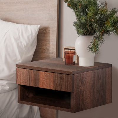 Ettore 15.7" Modern Matte Brown Floating Nightstand, Wall-Mounted Bedside Table with 1-Drawer and Open Cubby Storage Space for Bedroom