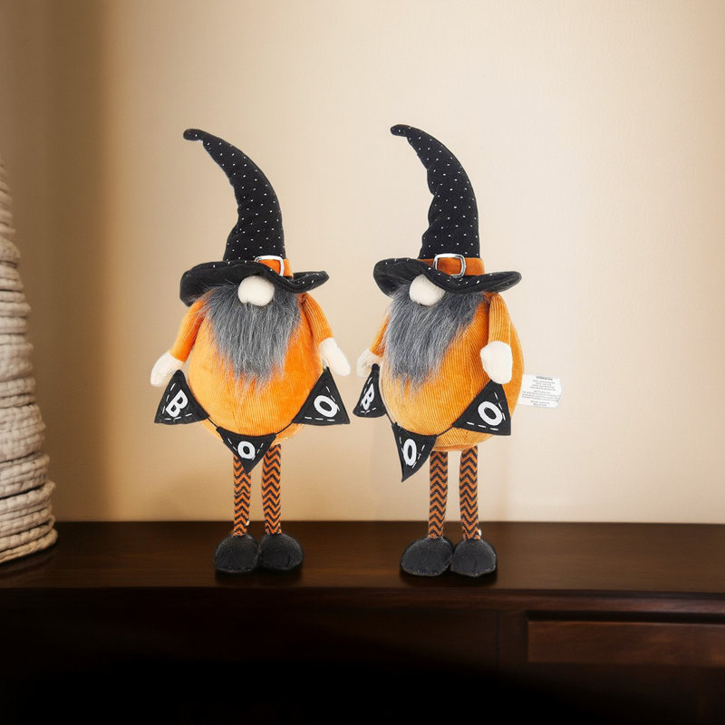 Ensemble de 2, gnome orange debout en tissu 6,3 x 4,3 x 16 po avec gnome noir et bannière, pour décoration d'Halloween