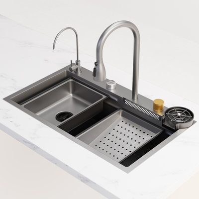 31.5 X 17.7 Inch Gray Nano 304 Stainless Steel Waterfall Workstation Sink - Single Basin Kitchen Sink With Flying Rain Design