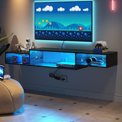 Floating TV Stand, with LED Lights, 59†Floating Entertainment Center with Power Outlet and Storage, Floating TV Shelf Media Console Cabinet for Gamin by Wrought Studio