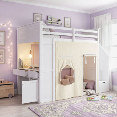 White Pine & MDF Frame Twin Platform Bed With Desk, Lockers, Drawers, Storage Staircase And Curtain