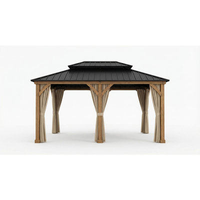 Pavillon de jardin en bois 12 po x 20 pi avec toit double en acier galvanisé, filet et rideaux, pavillon extérieur pour jardin