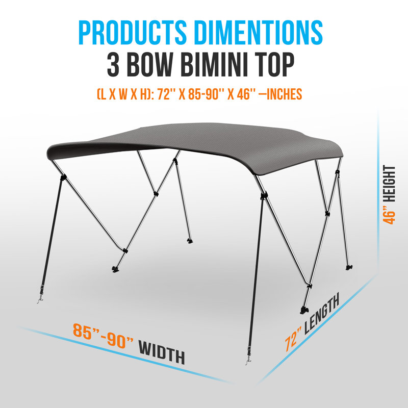 3 arceaux Bimini - 2 sangles et 2 poteaux de soutien arrière avec toile en polyester 600D de qualité marine (gris)