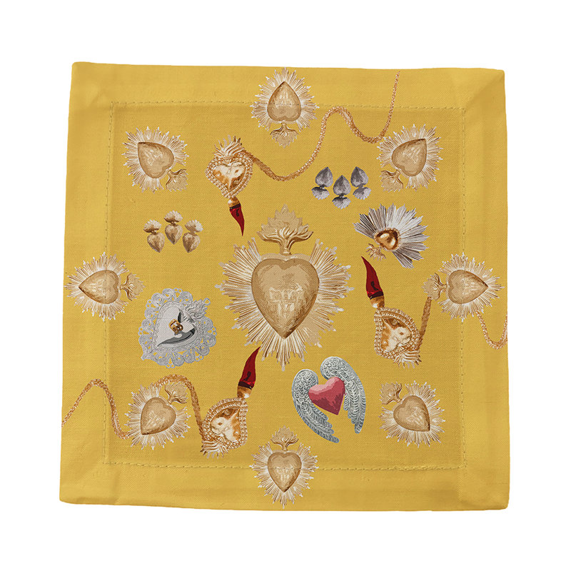 Ex Vote Sacred Hearts Cotton Sateen Cocktail Napkins, Gold