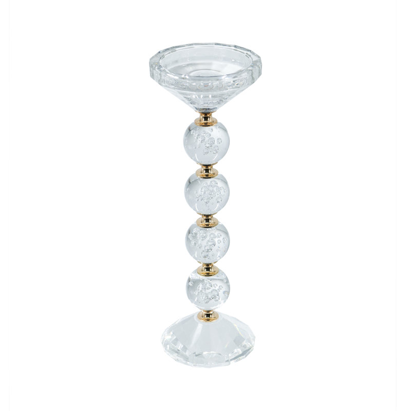 D3.5X11" Clear Glass Pillar Candle Holder With Gold Alloy Accents, 10.8" H x 3.5" W x 3.5" D