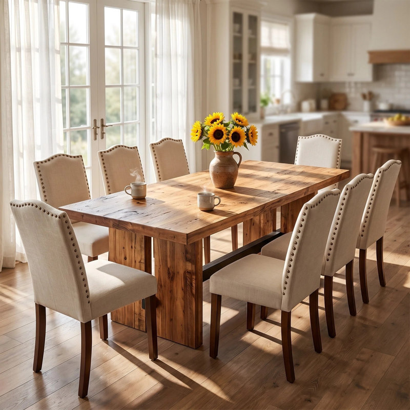 8-Seater Rectangular Solid Wood Dining Table Set with Padded, Studded Dining Chairs, 29.53" H x 102.36" W x 47.24" D
