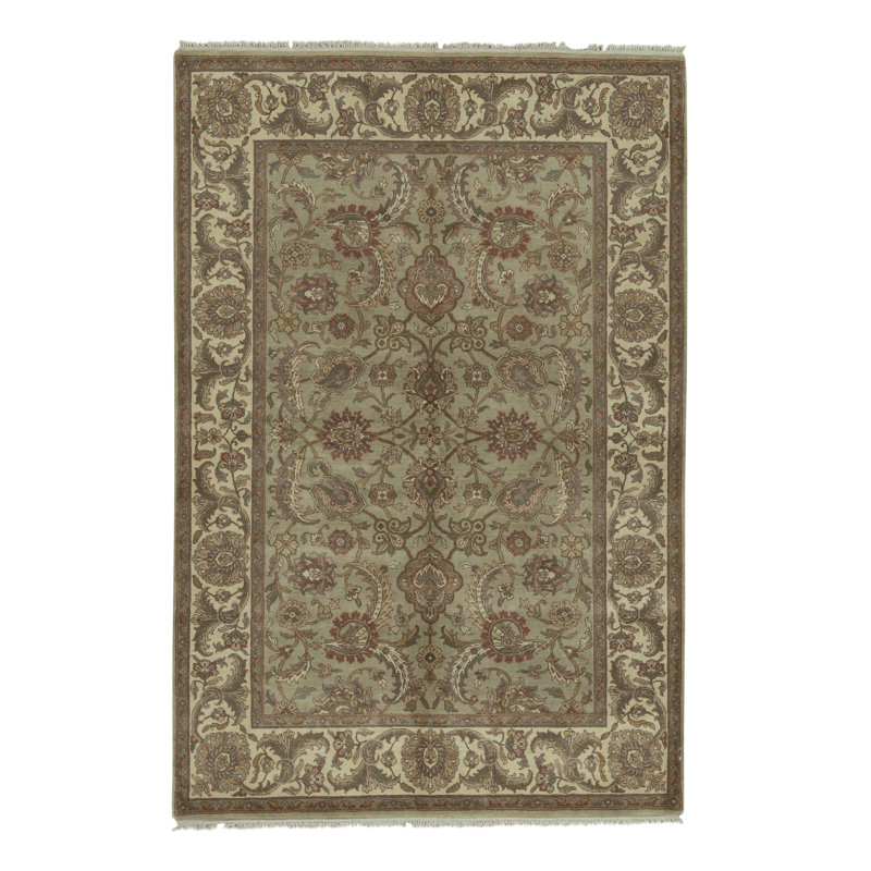 Tapis vert clair et crème noué à la main de haute qualité
