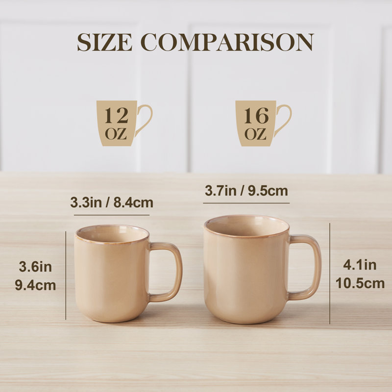 Set of 4 16oz Stoneware Mugs, Green Ceramic Coffee Cups with Straight Edge Design and Double-Sided Reactive Glaze Finish