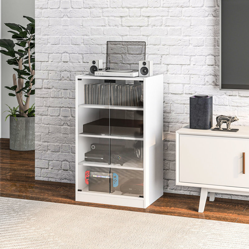 Modern Media Holder , 4 With Tempered Glass Doors, Adjustable Shelves, Cable Management, White For Receivers And Tuners Audio Cabinet, Shelves & Managed, Fresh